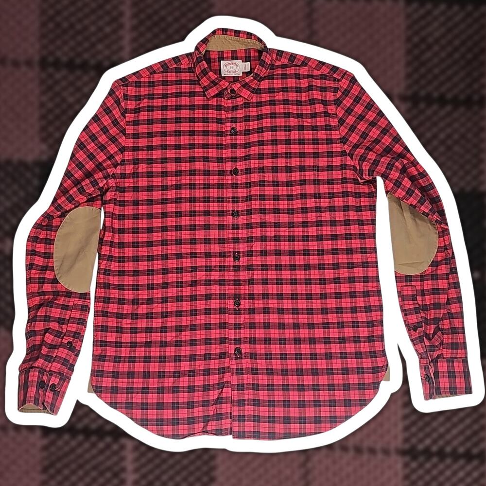 Brooks Brothers Flannel Shirt Medium Red Black Plaid Elbow Patch Lumberjack